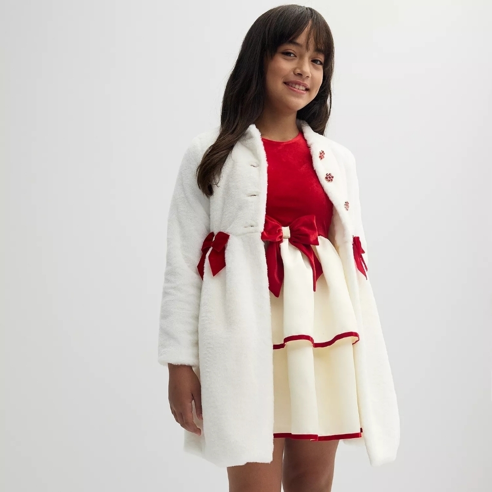 NWT Blueberi Boulevard 2-Piece Faux Fur Coat & Dress Set Size 4T Cream